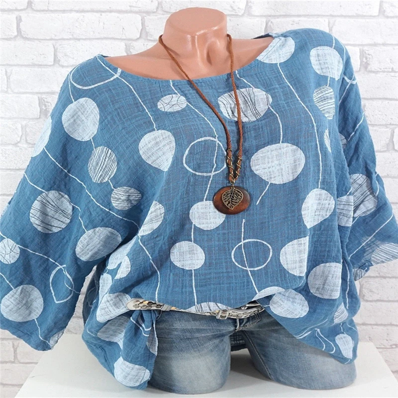 Casual Women Batwing Sleeve Blouse 2019 Summer O Neck Long Shirt Tops Ladies Plus Size Dot Point Print Femme Bluas | Женская одежда