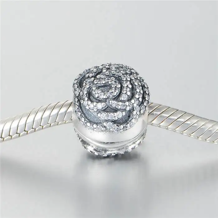 925-sterling-silver Pave CZ Mother's Day Rose Lock Clip Beads with AAA Cubic Zirconia Fits Pandora bracelets DIY Jewelry Making |