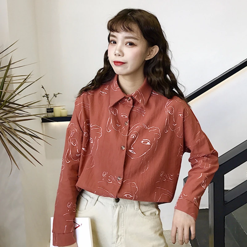 Блузка женская с принтом лица модный топ в Корейском стиле винтажным мультяшным