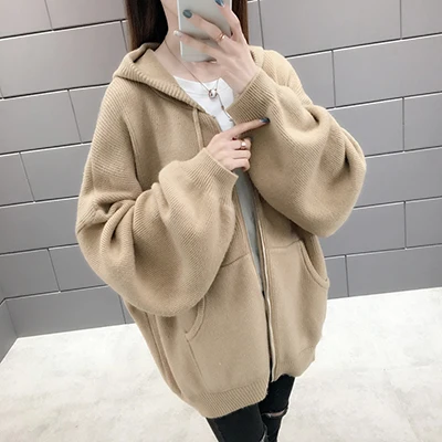 khaki z85 Весна осень Женская Новая мода дикий свитер пальто леди Корейская версия Твердые свободные тонкие с капюшоном на молнии вязаный кардиган пальто - Цвет: khaki z85