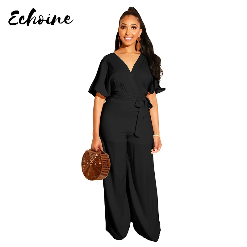 Женский свободный комбинезон с поясом коротким рукавом и V-образным вырезом |