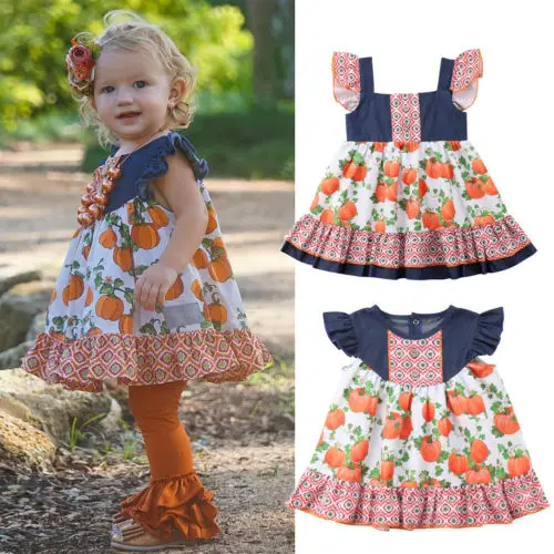 Красивое платье с цветочным принтом для девочки джинсовое в стиле бохо