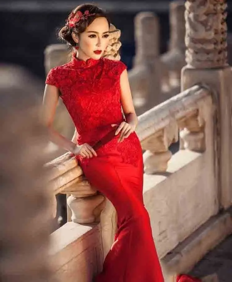 Сезон: весна–лето Красное атласное платье Cheongsam современные невесты Qi Pao Для женщин традиционное китайское свадебное платья платье Тонкий Русалка Qipao