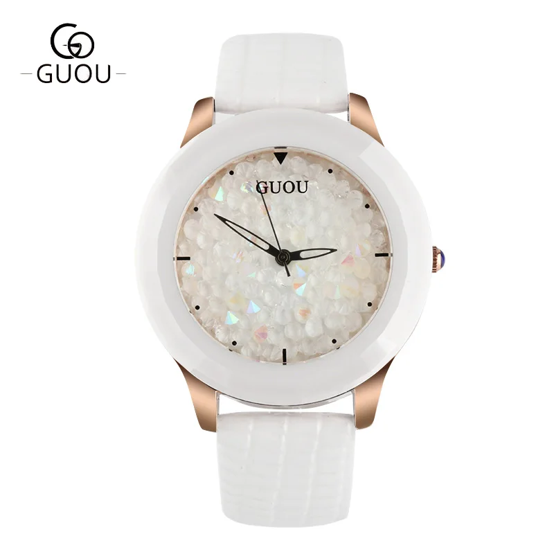 Женские часы с цветным камнем GUOU роскошные кожаные алмазные блестками женские