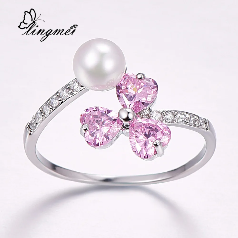 Lingmei свадебный браслет цветок сердце любовь обручальные кольца с цирконием
