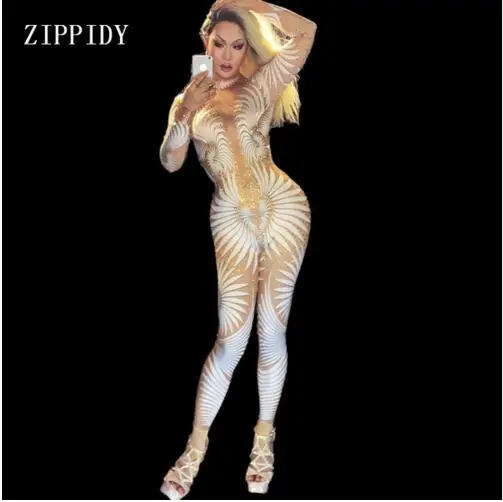 

Fashion Sexy Geometric patterns Jumpsuit Sparkly Bodysuit Stage Wear Women's Celebrate Female Singer Crystals Costume Outfit