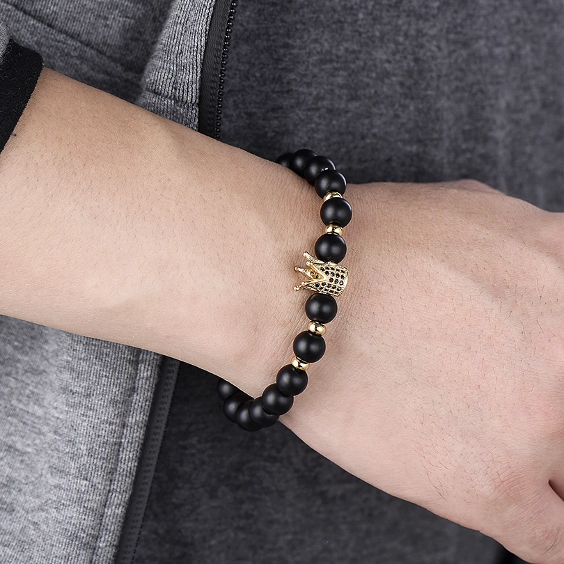 Punk Style Fashion CZ Imperial Crown Strand Bracelets For Men Pulseiras Vintage Women Bangles 8mm Matt Stone Bracelet | Украшения и
