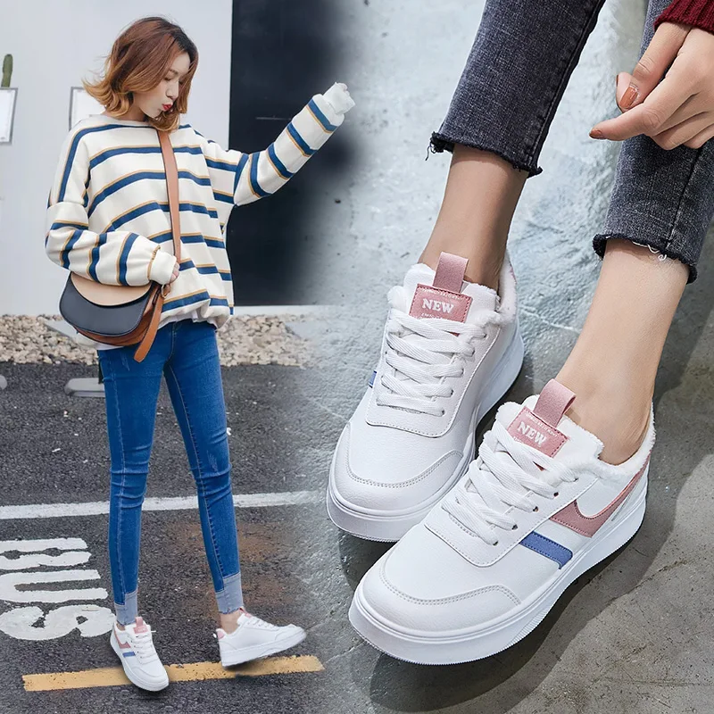 Повседневная женская обувь белого цвета с плюшевой подкладкой из вулканизации