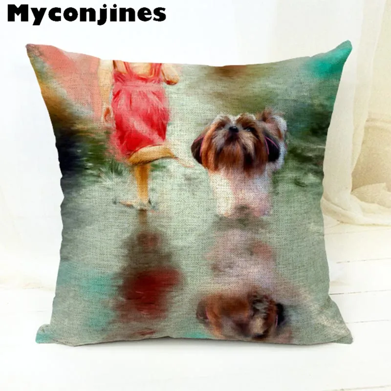 Милая мультяшная собачка, картина маслом, Shih Tzu, Наволочка на подушку, 17 дюймов, льняная декоративная домашняя подушка для сиденья автомобиля, осенняя подушка для леса