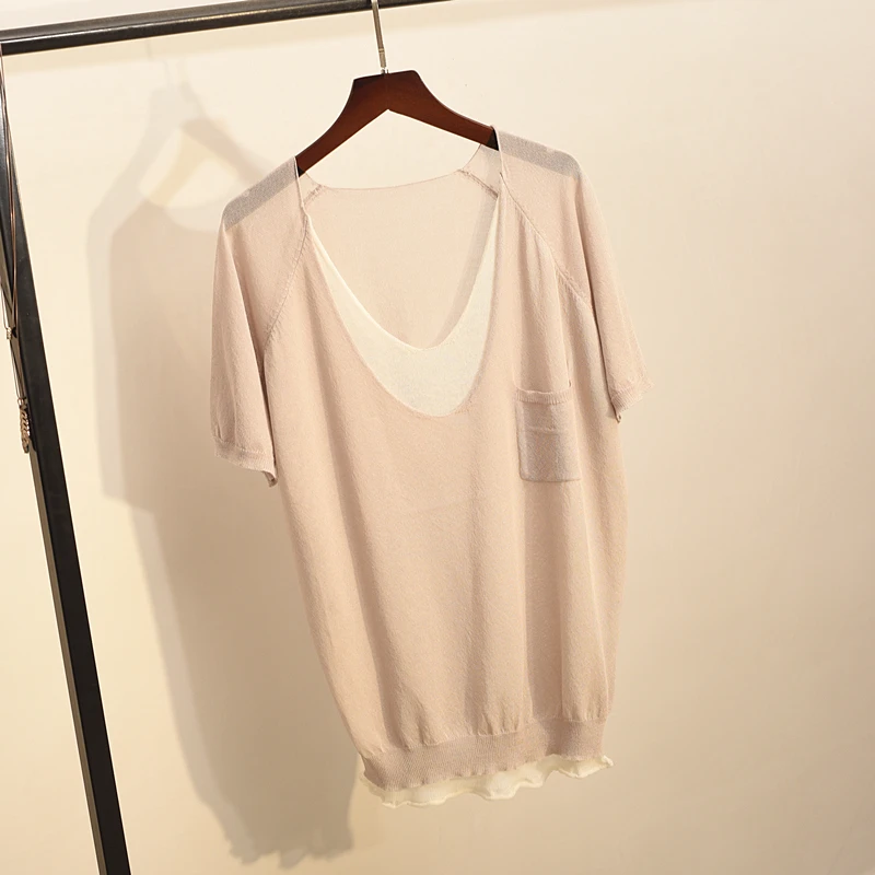 Summer Women T-shirts Casaul Ladies V-neck Batwing Short Sleeve Tops Tees Loose Fake Two Cover Fat Clothing 2018 Hong Kong Style | Женская