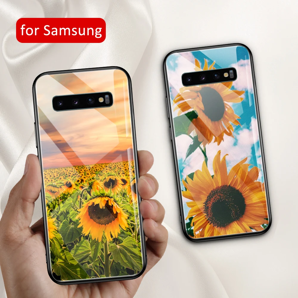 Цветочный чехол для Samsung S20 Plus стеклянная задняя крышка S22 sunflower Galaxy S8 S9 S10 plus ultra Note 8