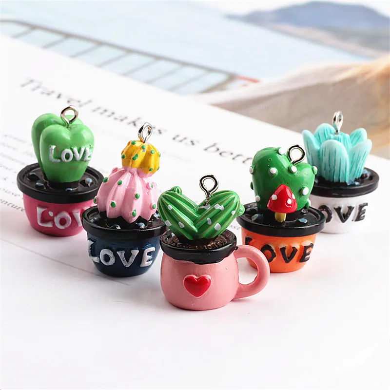 

Mini Order 10pcs 3D Resin Kawaii cactus potted Pendants Ornament Accessories Necklace Keyring Earring Floating Pendant Charms