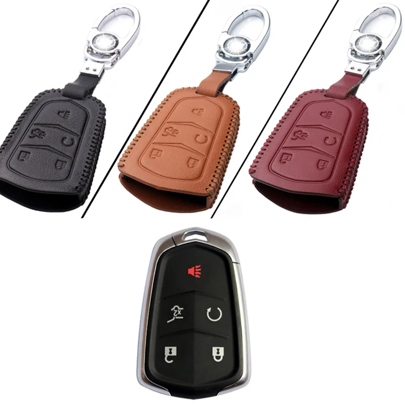 

Genuine PU Leather 5 Button Remote Key Bag Case Fob Holder Chain For Cadillac