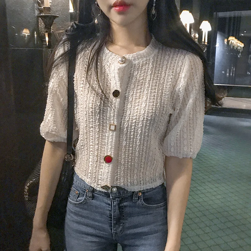 Кружевная рубашка Alien Kitty Женская летняя Корейская белая свободная с рукавами