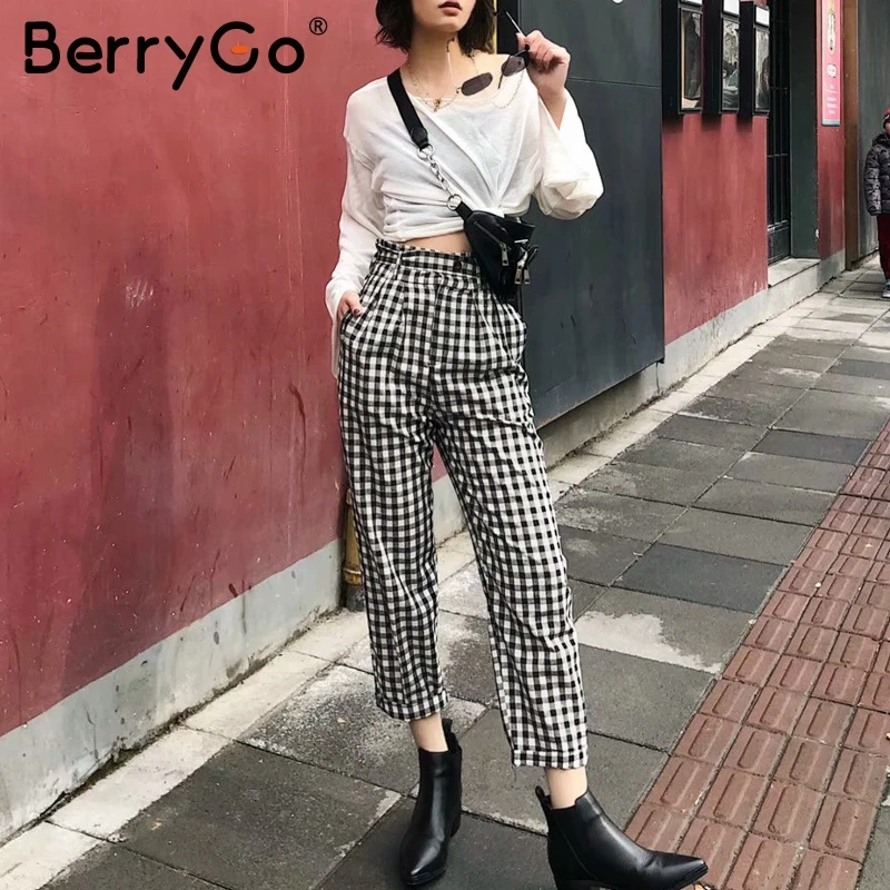 BerryGo черные белые клетчатые брюки женские высокая посадка на пуговице ремень