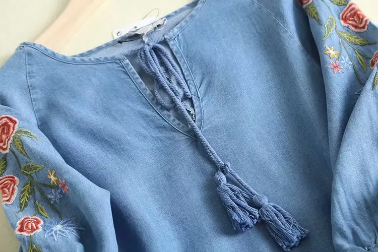 Женское Синее джинсовое платье с цветочной вышивкой, женское повседневное летнее платье больших размеров на шнуровке с круглым вырезом и рукавом три четверти