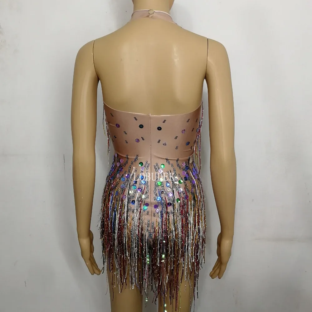 Two Styles Colorful Rhinestones Tassels Bodysuit Sleeveless Crystals Fringed Bodysuit Nightclub Sexy Women Stage Dance Costume