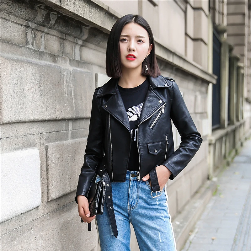 2021 Spring Pu Leather Jacket Women's Fashion Bright Color Black Motorcycle Coat Short Imitation Leather Cyclist Jacket Female enlarge