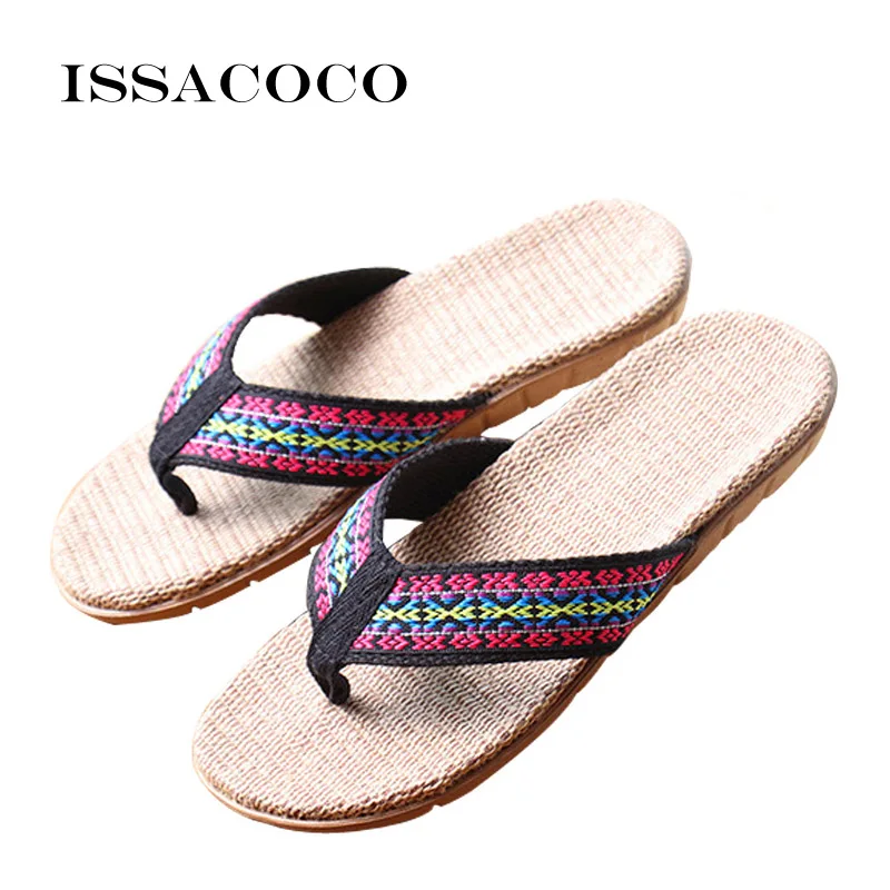 ISSACOCO 2020 Women's Linen Flip Flops Slippers Women Flat Indoor Hemp Non-slip Flax Beach Flop | Обувь