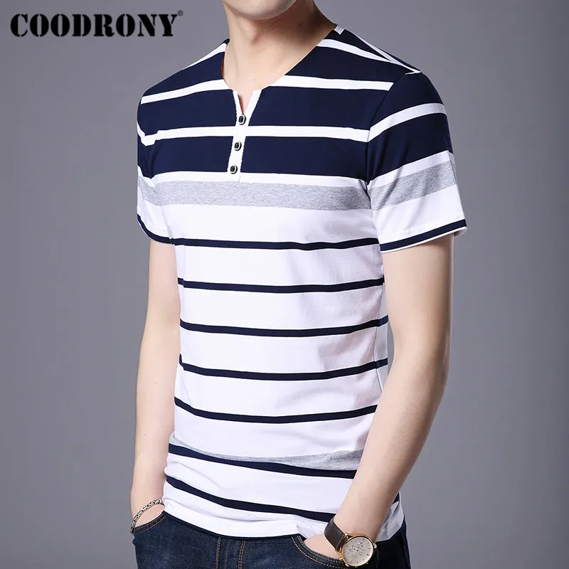 Бренд COODRONY, футболка с коротким рукавом, Мужская Уличная мода, повседневная футболка, лето, новая полосатая Мужская футболка с воротником, S95087