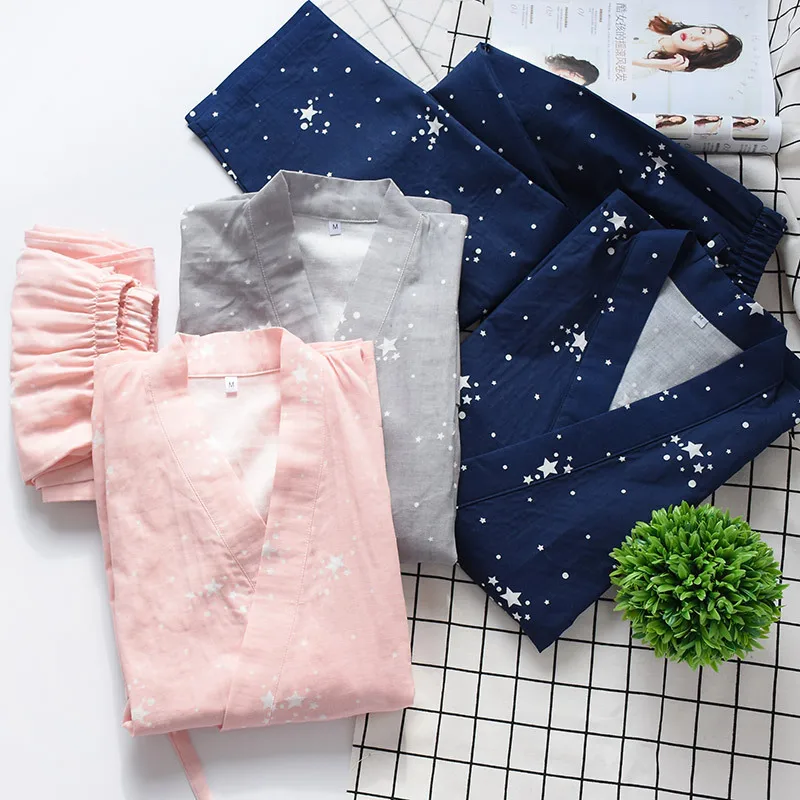 Японское кимоно женский тонкий пижамный комплект из чистого хлопка двухслойный