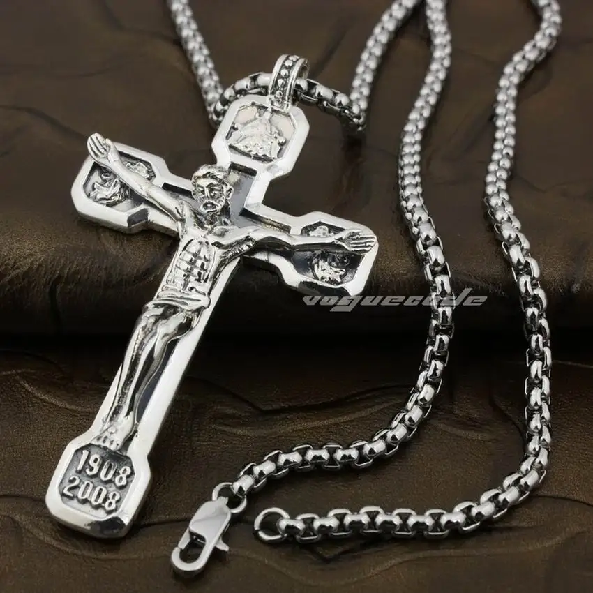 

LINSION Huge Heavy Jesus Crucifix Cross Solid 925 Sterling Silver Mens Biker Rock Punk Pendant 8A009