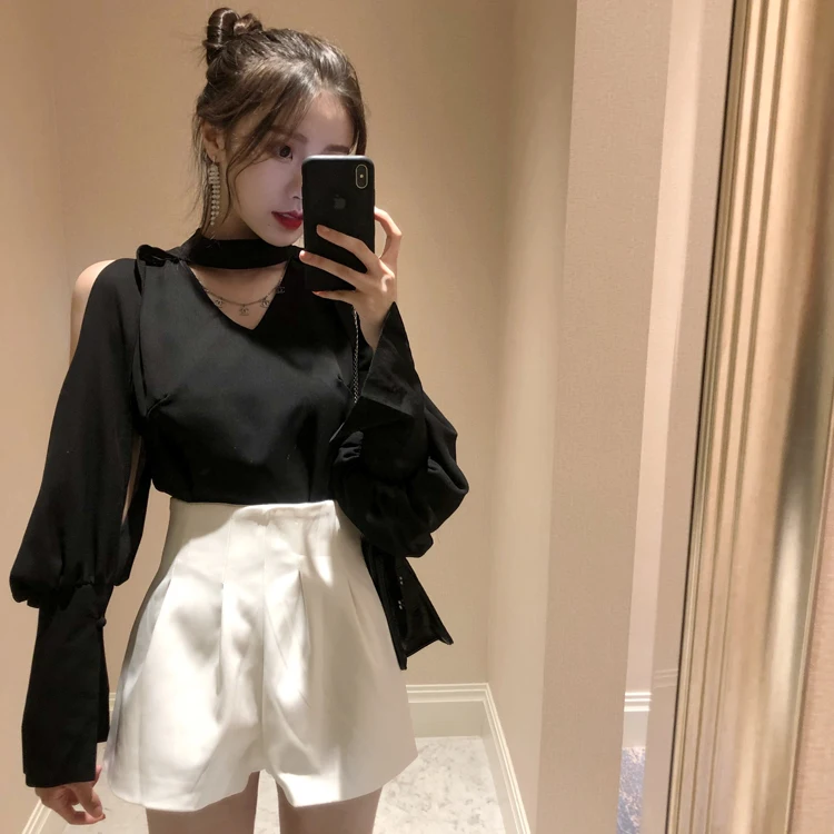 Женская шифоновая блузка с вырезами открытыми плечами V-образным вырезом и