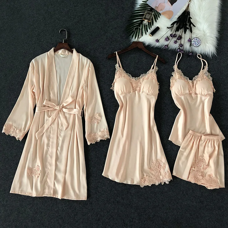

ZOOLIM 4 PCS Lace Sexy Lingerie Satin Sleepwear Pajamas Set Nightwear Negligee Pyjama with Shorts with Chest Pads