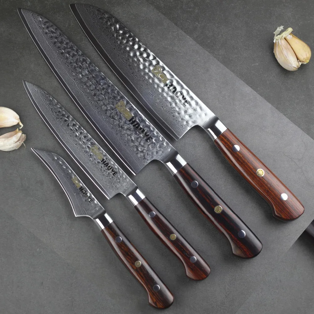 4 piece damascus kitchen knife set Japanese vg10 steel chefs knives santoku steak very sharp full tang with rosewood handle | Дом и сад