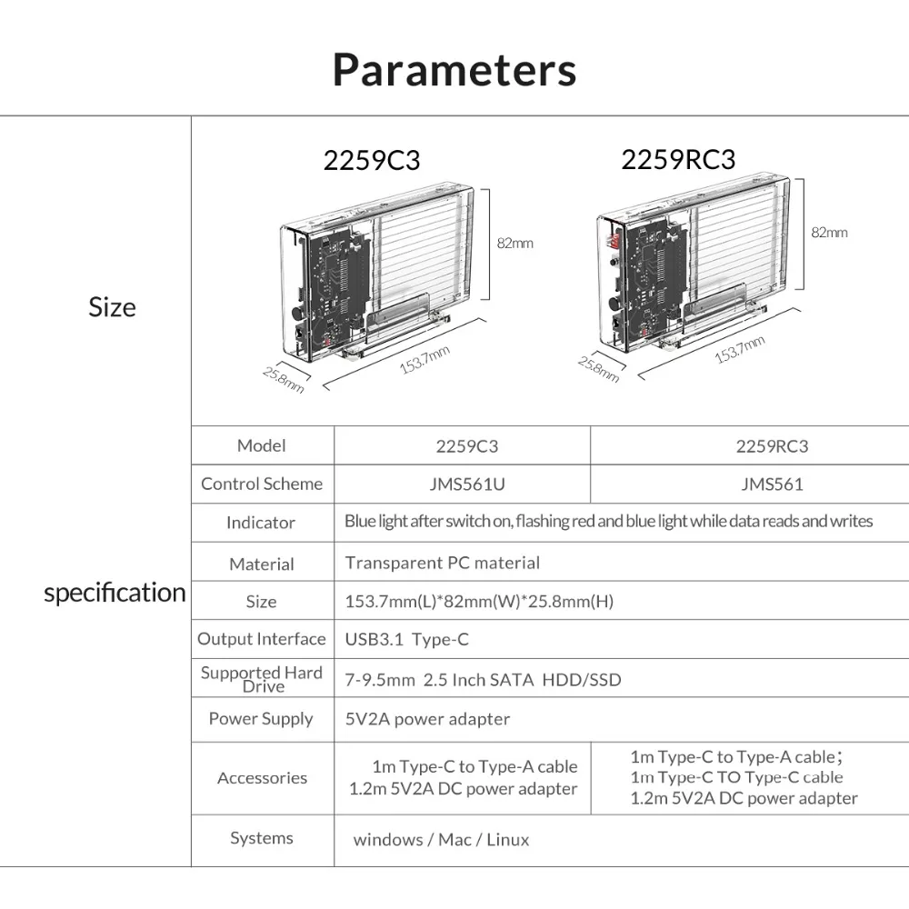 ORICO 2 Bay 2,5 ''чехол для HDD с функцией Raid SATA на USB C Прозрачный чехол для HDD 5 Гбит/с Поддержка UASP для 7-9,5 мм HDD SSD 8 ТБ