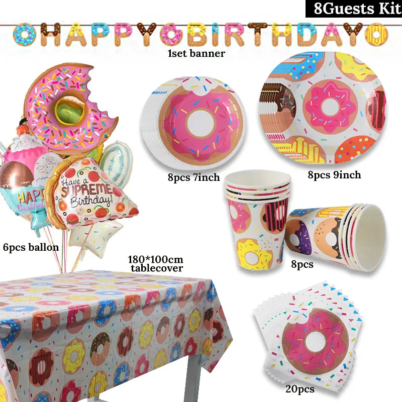 

1set Donut Party Supplies Kids Birthday Party Decor Burger Icecream Candy Doughnut Balloon Donut Plate Cup Garland Wedding Favor