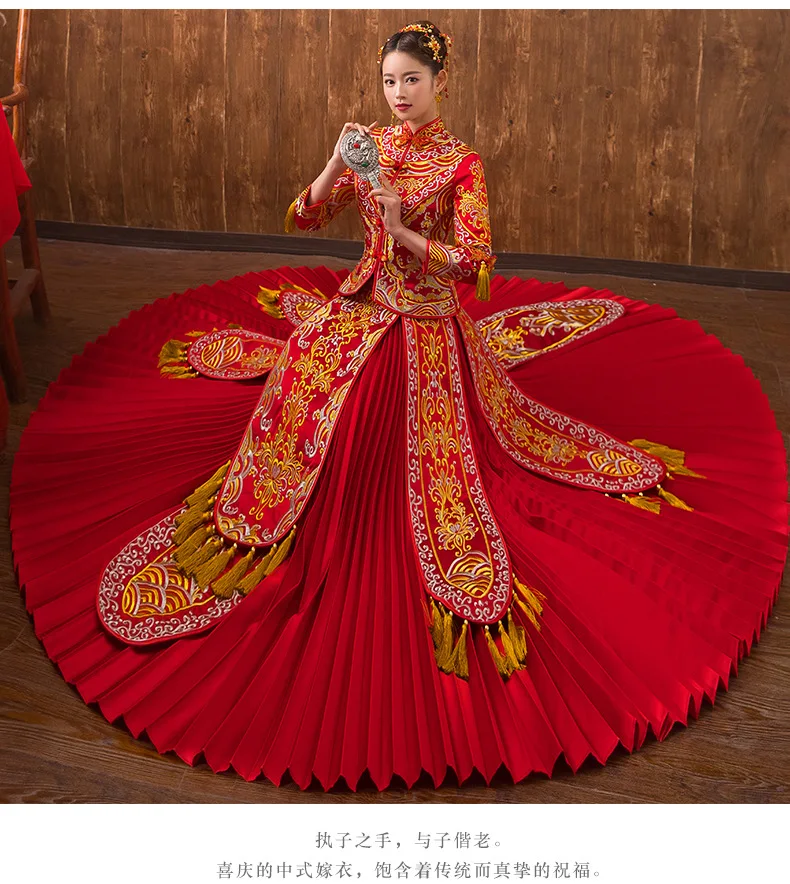 Красное китайское свадебное платье женское с длинным рукавом Cheongsam золотая