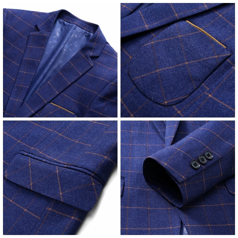Men's Suits Formal 3 Piece Suit With Pants Vest Plaid Casual Blazer jacket Slim Fit Business Male Suits Flat Pants