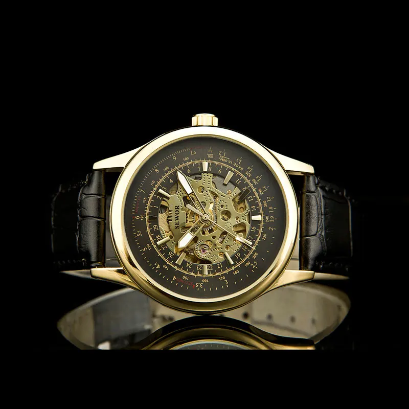 

SEWOR Full Black Dress Watch Gold Men Mechanical Hand Wind Watch Mens Wristwatches NEW