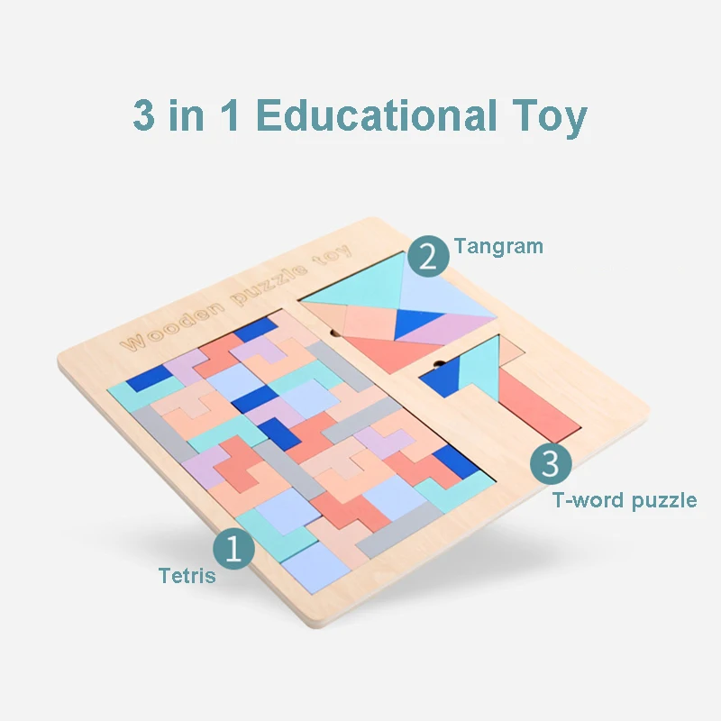 New Wooden Puzzle Toy For Children 3 In 1 Tetris Tangram T-word Early Educational Toys Brain-Teaser Gifts | Игрушки и хобби