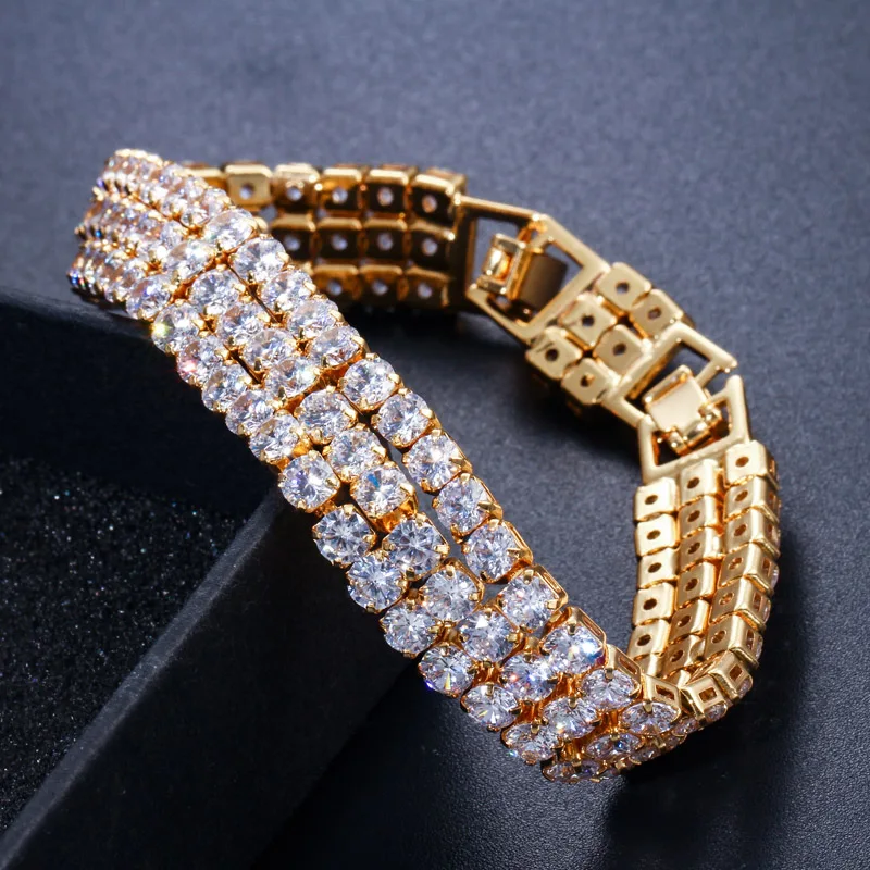 CWWZircons 3 ряда Iced Out хип хоп желтое золото цвет Bling кубического циркония теннисный браслет для мужчин Роскошные Панк ювелирные изделия подарок CB048