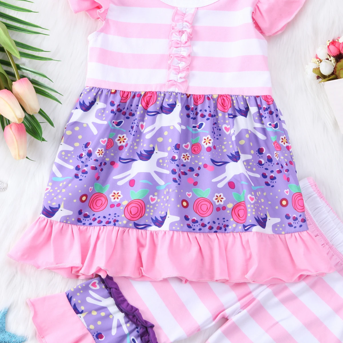 Одежда для маленьких девочек с рисунком единорога платье топом и полосатыми