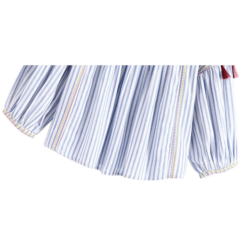 Лето-осень Для женщин Блузки для малышек 2017 цветочный Вышивка рубашка в полоску O