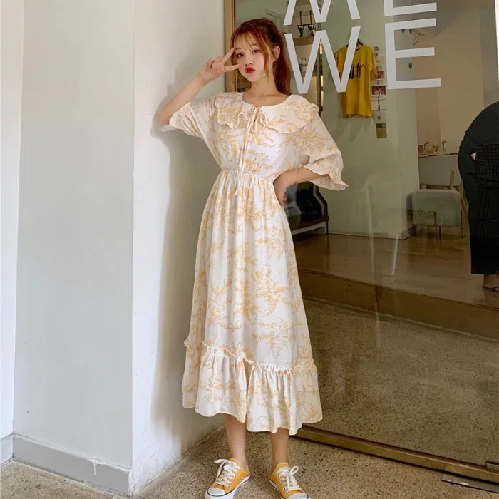 

Summer Women's New Fresh Retro Ruffled Collar Short Sleeve Sweet Cute Dress College Elegant Sweet Dress