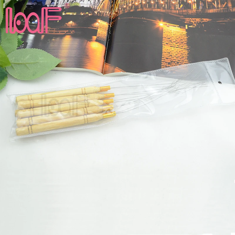 LOOF 1 шт., с бамбуковой ручкой, железная проволока, петля для вытягивания, парик, плетение, нить, иглы, нано микро кольца/звенья, инструмент для наращивания волос