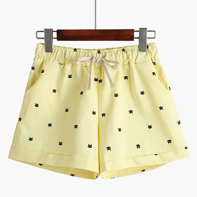 Женские хлопковые шорты с принтом кошки Летние повседневные эластичным