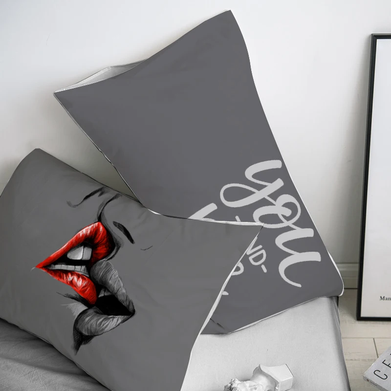 Custom Pillow Case Pillowcase 50x70 50x75 50x80 70x70 Decorative Pillow Cover Gray Kiss Lip Bedding for wedding Drop Shipping