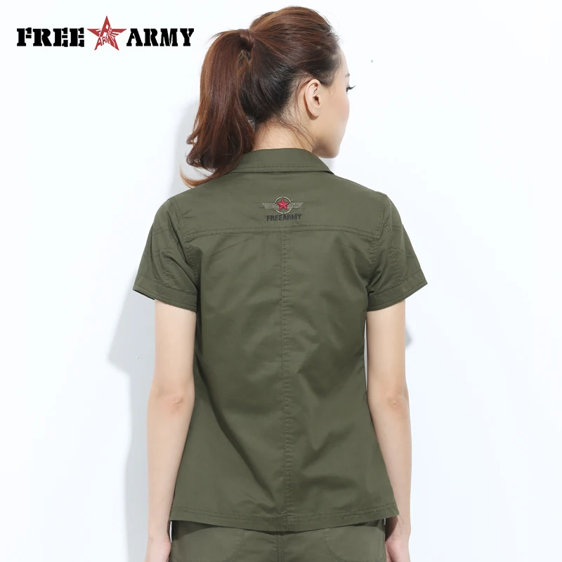 Бренд Freearmy, короткая футболка, топ, женская рубашка, военный армейский зеленый цвет,, женская блузка, рубашка, твил, хлопок, отложной воротник, топы