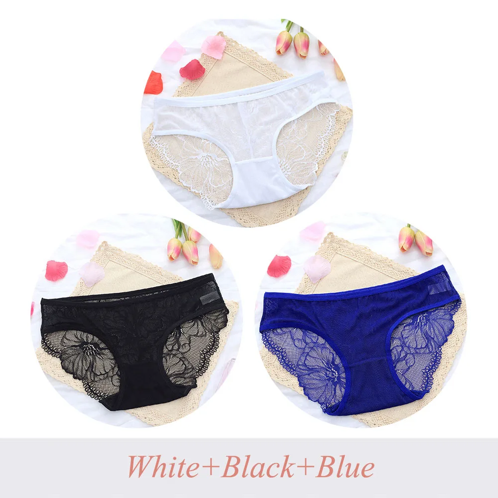 WhiteBlackBlue 3 шт., сексуальные кружевные трусики, женские прозрачные трусы с низкой посадкой, дамское нижнее белье, трусы большого размера, нижнее белье, трусики - Цвет: WhiteBlackBlue