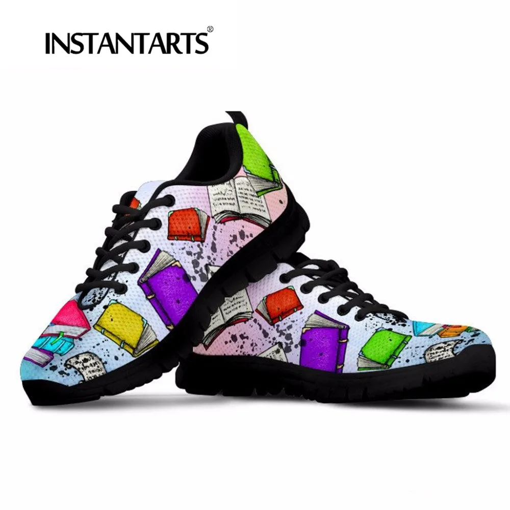 

INSTANTARTS Zapatillas Mujer Famous Brand Women's Lace Up Flats Shoes Tenis Feminino Book Reader Print Mesh Sneakers for Ladies