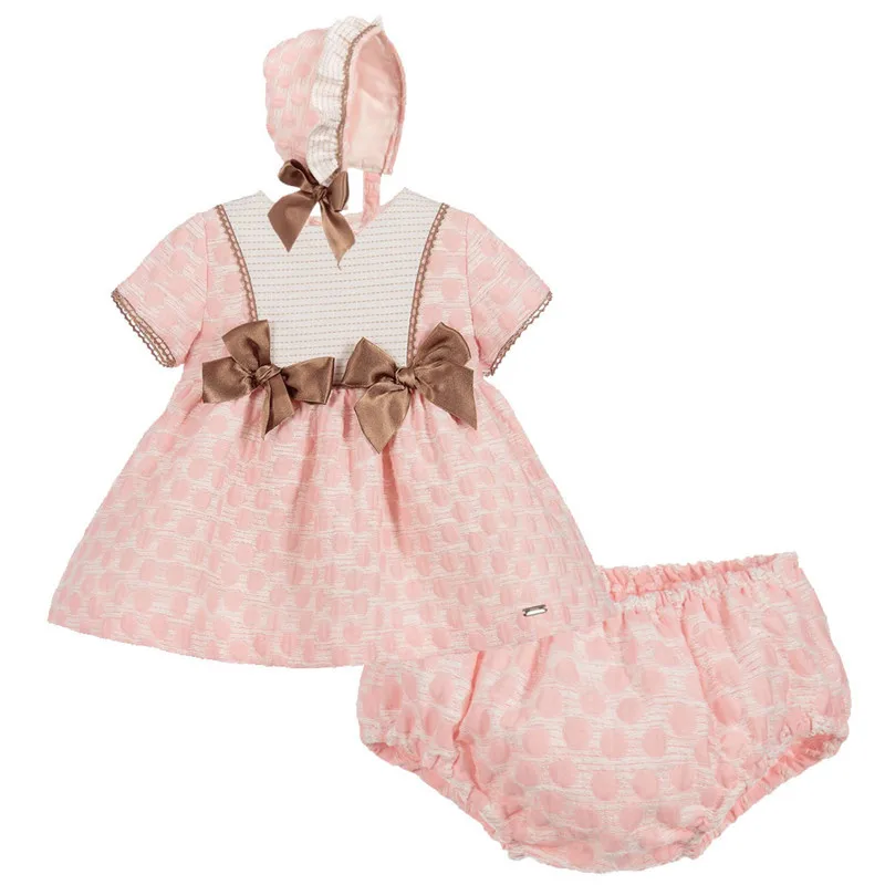 Spain Children's Clothes for Girls Tutu Dress New Summer Pure Cotton Tunic Dresses+PP Pant Hat Baby Brithday Communion mini Gown - Цвет: pink dress with hat