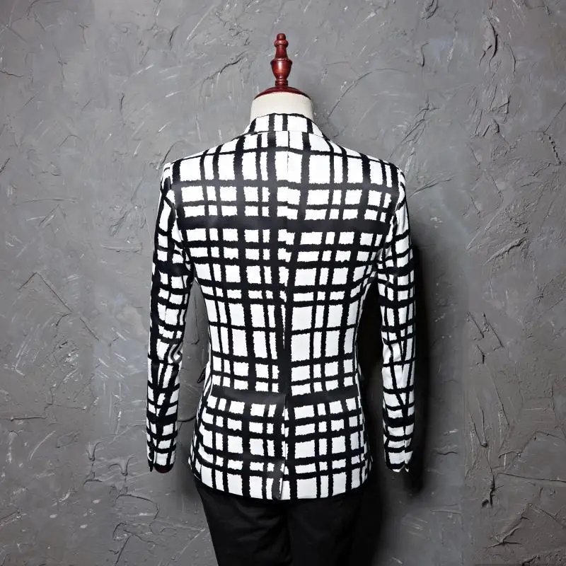 

PYJTRL Brand Tide Men Plus Size 5XL Black White Plaid Leisure Time Suit Jacket Blazer Designs Masculino Slim Fit Costume Homme