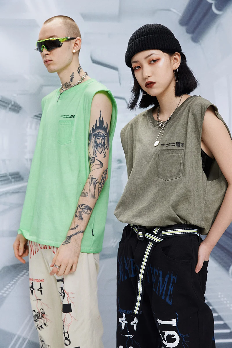 2019 Fashion Brand Street Retro Simple pocket shoulder sleeveless vest Men's summer hip-hop Loose Bottom Shirt Stage Costumes | Мужская