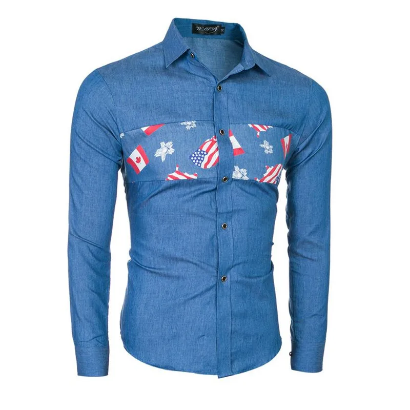 Мужская ковбой Рубашки 2016 Моды Шить джинсовые Американский Флаг с длинным