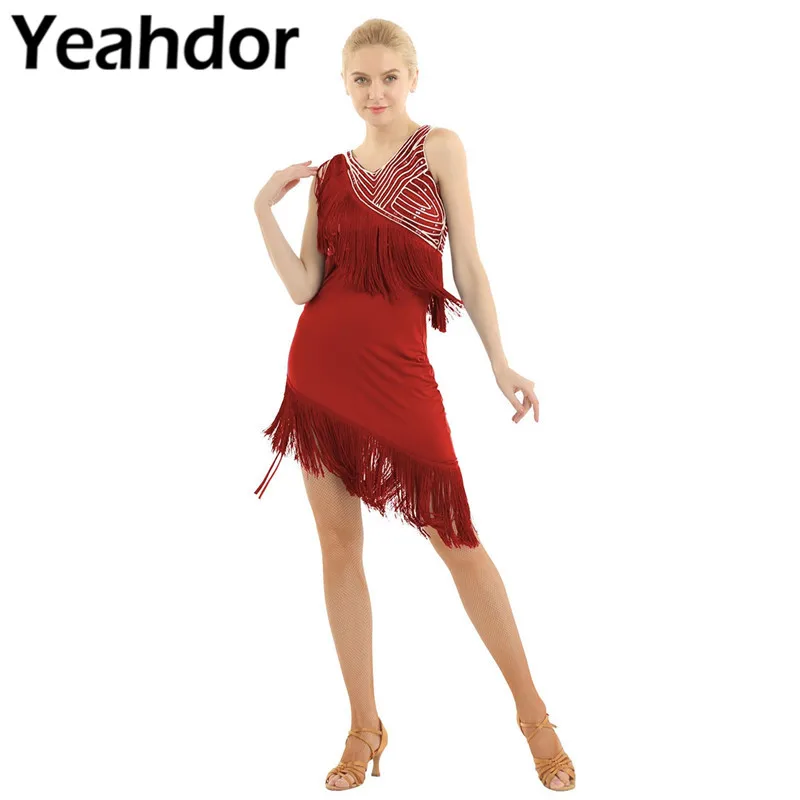 2Pcs Women Ladies Shiny Sequined Sleeveless Tassel Asymmetric Latin Tango Rumba Cha Belly Ballroom Dance Dress with Shorts | Тематическая